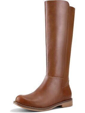 Women's  Brown Pu Knee High Boots Flat Low Heel with Side Zipper